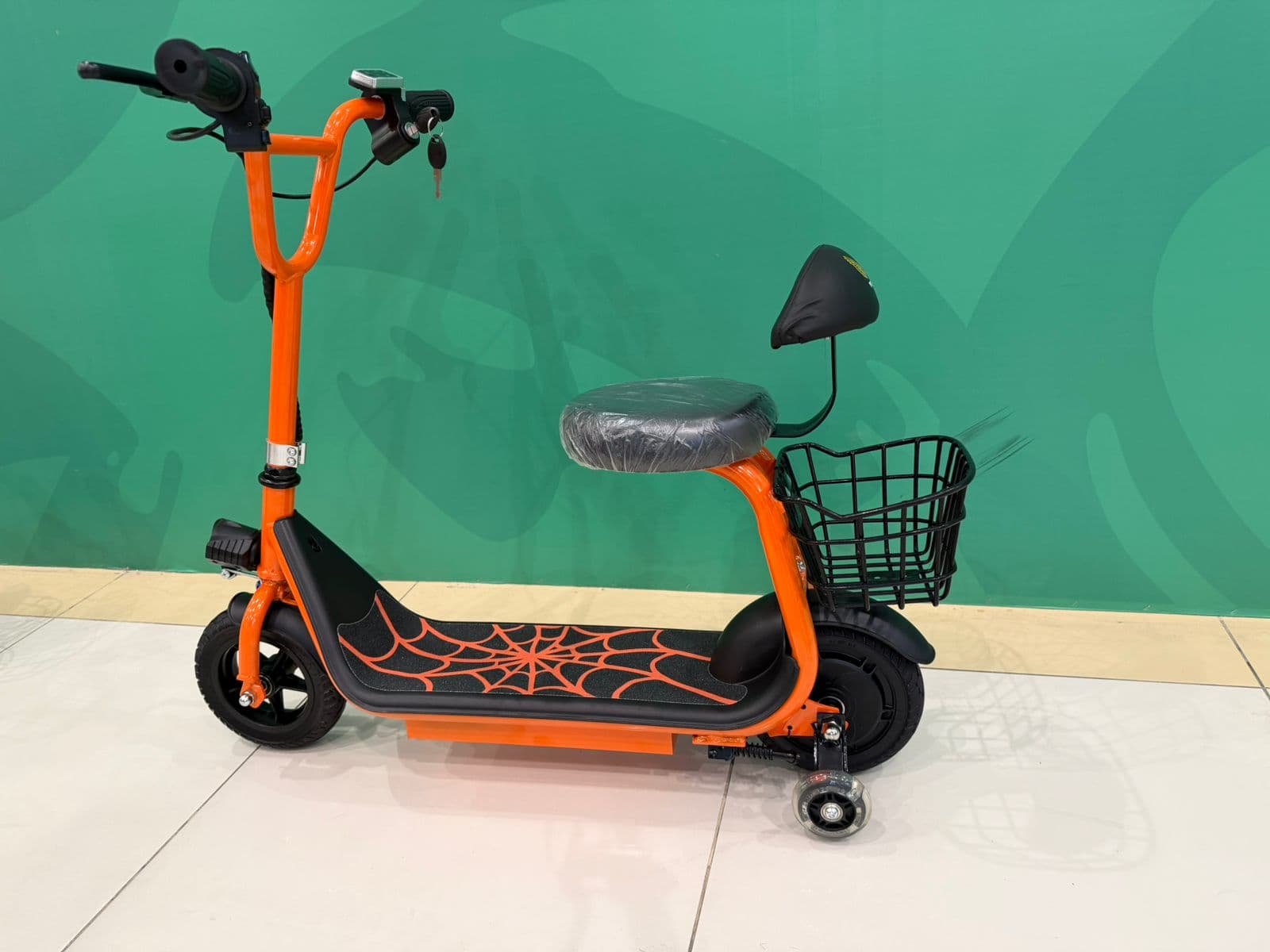 Kids Electric Seated Scooter Orange Spider Web Edition