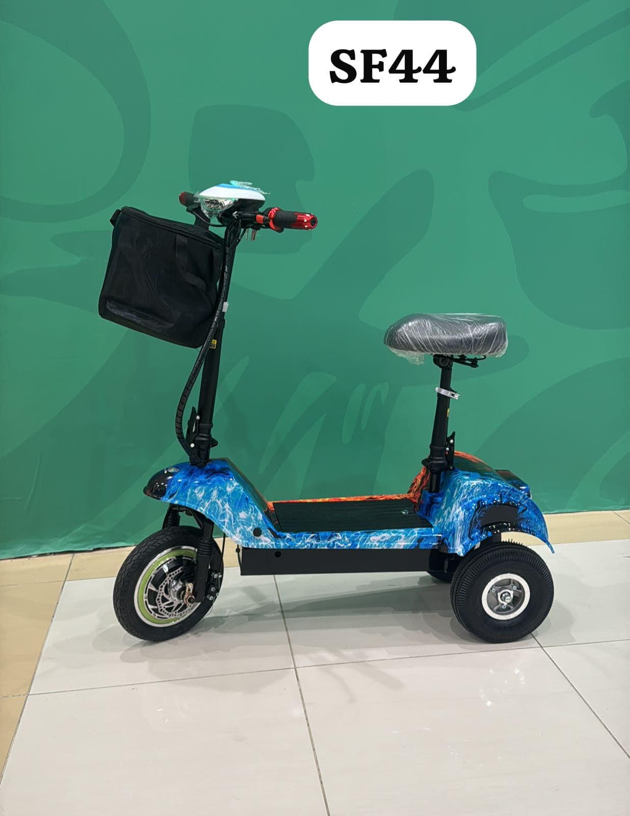 SF44 3-Wheel Electric Mobility Scooter Side View with Blue Flame Graphics and Seat